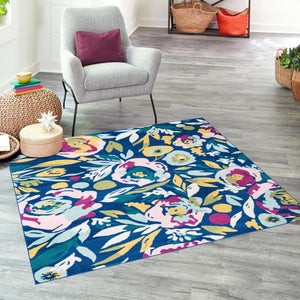 Navy Blue 7' 10 x 7' 10 Bloom Square Area Rug 100% Polypropylene With Cotton Backing Easy Clean Colorful Blooming Flower Floral Carpet for Living Dining Room Office Dorms for Sale at Rug Engine