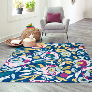 Navy Blue 7' 10 x 7' 10 Bloom Square Area Rug 100% Polypropylene With Cotton Backing Easy Clean Colorful Blooming Flower Floral Carpet for Living Dining Room Office Dorms for Sale at Rug Engine
