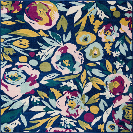 Navy Blue 7' 10 x 7' 10 Bloom Square Area Rug 100% Polypropylene With Cotton Backing Easy Clean Colorful Blooming Flower Floral Carpet for Living Dining Room Office Dorms for Sale at Rug Engine