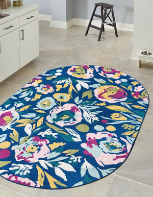 Navy Blue 7' 10 x 10' Bloom Oval Area Rug 100% Polypropylene With Cotton Backing Easy Clean Colorful Blooming Flower Floral Carpet for Living Dining Room Office Dorms for Sale at Rug Engine