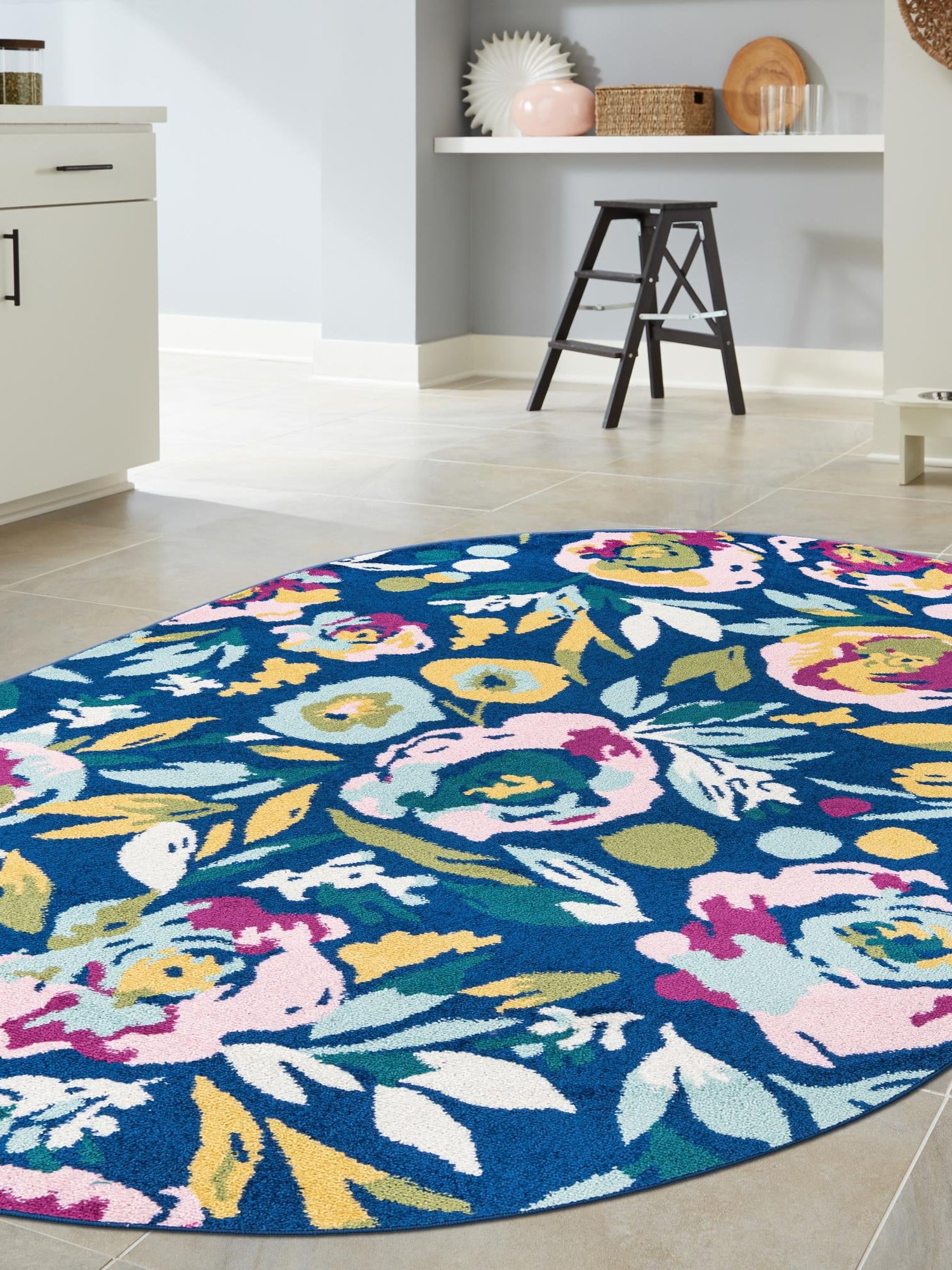Navy Blue 7' 10 x 10' Bloom Oval Area Rug 100% Polypropylene With Cotton Backing Easy Clean Colorful Blooming Flower Floral Carpet for Living Dining Room Office Dorms for Sale at Rug Engine