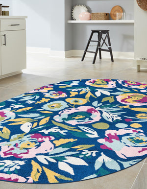 Navy Blue 7' 10 x 10' Bloom Oval Area Rug 100% Polypropylene With Cotton Backing Easy Clean Colorful Blooming Flower Floral Carpet for Living Dining Room Office Dorms for Sale at Rug Engine