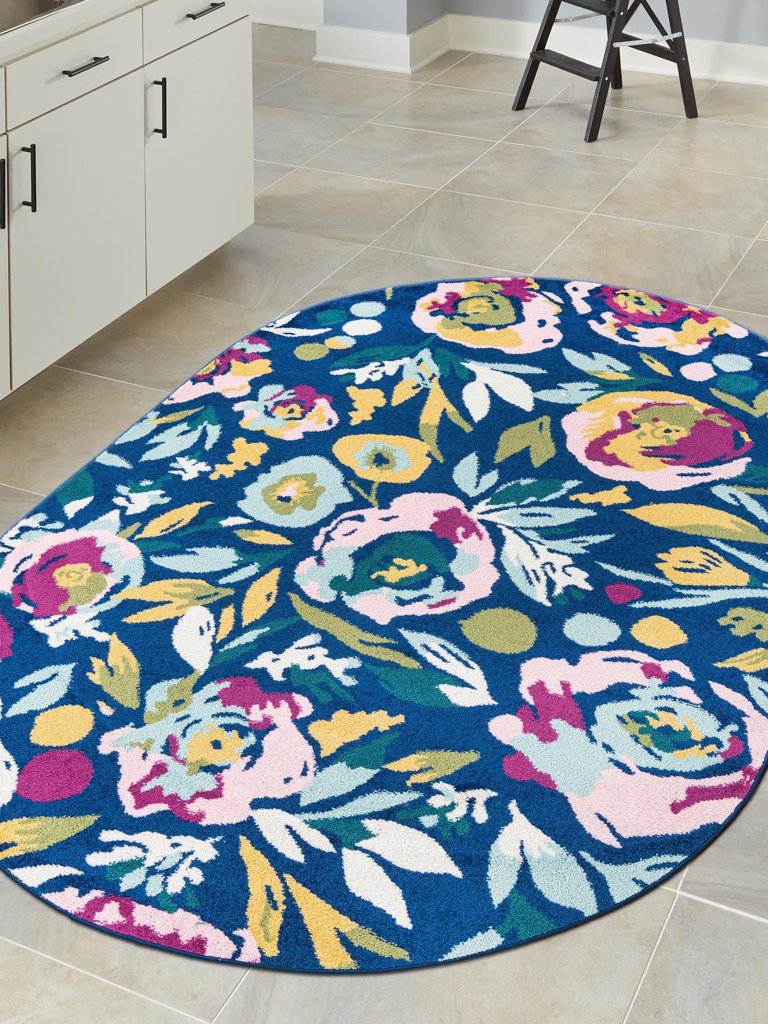 Navy Blue 7' 10 x 10' Bloom Oval Area Rug 100% Polypropylene With Cotton Backing Easy Clean Colorful Blooming Flower Floral Carpet for Living Dining Room Office Dorms for Sale at Rug Engine
