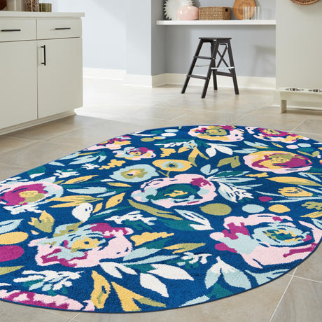 Navy Blue 5' 3 x 7' 10 Bloom Oval Area Rug 100% Polypropylene With Cotton Backing Easy Clean Colorful Blooming Flower Floral Carpet for Living Dining Room Office Dorms for Sale at Rug Engine