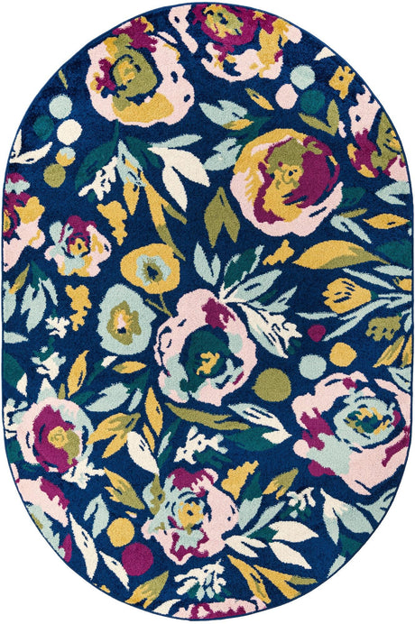 Navy Blue 5' 3 x 7' 10 Bloom Oval Area Rug 100% Polypropylene With Cotton Backing Easy Clean Colorful Blooming Flower Floral Carpet for Living Dining Room Office Dorms for Sale at Rug Engine
