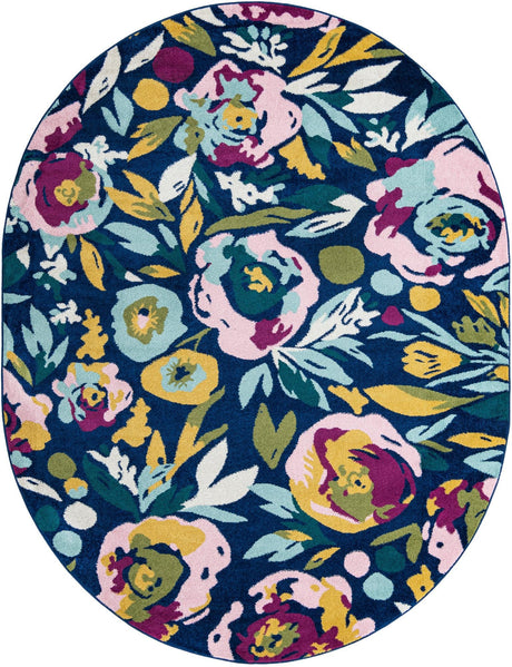 Navy Blue 7' 10 x 10' Bloom Oval Area Rug 100% Polypropylene With Cotton Backing Easy Clean Colorful Blooming Flower Floral Carpet for Living Dining Room Office Dorms for Sale at Rug Engine