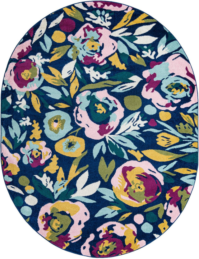 Navy Blue 7' 10 x 10' Bloom Oval Area Rug 100% Polypropylene With Cotton Backing Easy Clean Colorful Blooming Flower Floral Carpet for Living Dining Room Office Dorms for Sale at Rug Engine