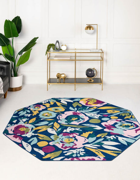 Navy Blue 7' x 7' Bloom Octagon Area Rug 100% Polypropylene With Cotton Backing Easy Clean Colorful Blooming Flower Floral Carpet for Living Dining Room Office Dorms for Sale at Rug Engine