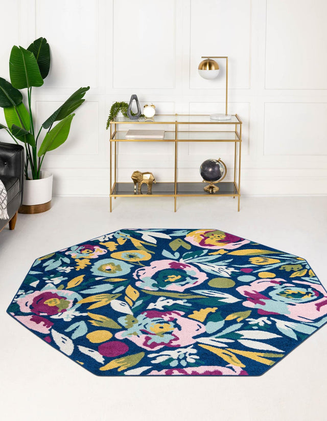 Navy Blue 7' x 7' Bloom Octagon Area Rug 100% Polypropylene With Cotton Backing Easy Clean Colorful Blooming Flower Floral Carpet for Living Dining Room Office Dorms for Sale at Rug Engine