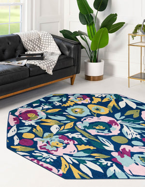 Navy Blue 7' x 7' Bloom Octagon Area Rug 100% Polypropylene With Cotton Backing Easy Clean Colorful Blooming Flower Floral Carpet for Living Dining Room Office Dorms for Sale at Rug Engine