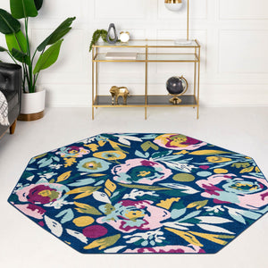 Navy Blue 7' x 7' Bloom Octagon Area Rug 100% Polypropylene With Cotton Backing Easy Clean Colorful Blooming Flower Floral Carpet for Living Dining Room Office Dorms for Sale at Rug Engine