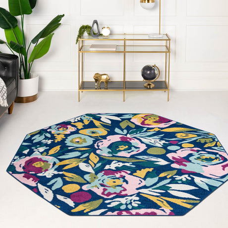 Navy Blue 7' x 7' Bloom Octagon Area Rug 100% Polypropylene With Cotton Backing Easy Clean Colorful Blooming Flower Floral Carpet for Living Dining Room Office Dorms for Sale at Rug Engine