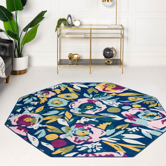 Navy Blue 7' x 7' Bloom Octagon Area Rug 100% Polypropylene With Cotton Backing Easy Clean Colorful Blooming Flower Floral Carpet for Living Dining Room Office Dorms for Sale at Rug Engine