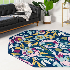 Navy Blue 7' x 7' Bloom Octagon Area Rug 100% Polypropylene With Cotton Backing Easy Clean Colorful Blooming Flower Floral Carpet for Living Dining Room Office Dorms for Sale at Rug Engine
