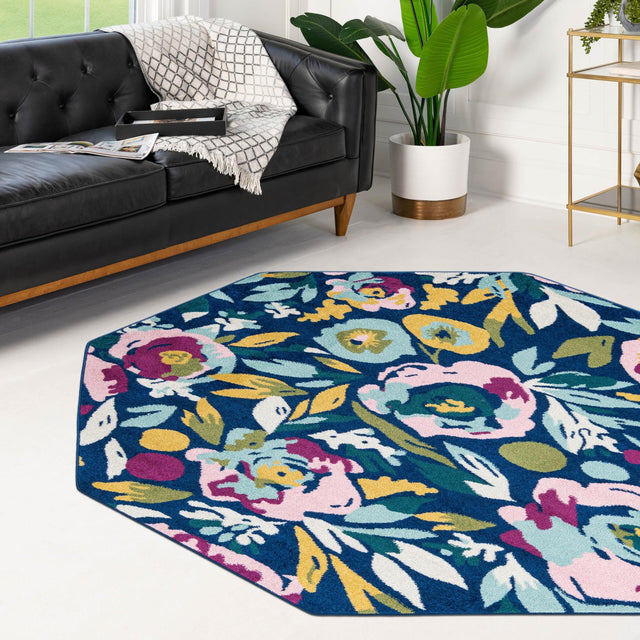 Navy Blue 7' x 7' Bloom Octagon Area Rug 100% Polypropylene With Cotton Backing Easy Clean Colorful Blooming Flower Floral Carpet for Living Dining Room Office Dorms for Sale at Rug Engine