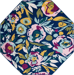 Navy Blue 7' x 7' Bloom Octagon Area Rug 100% Polypropylene With Cotton Backing Easy Clean Colorful Blooming Flower Floral Carpet for Living Dining Room Office Dorms for Sale at Rug Engine
