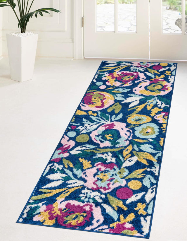 Navy Blue 2' 7 x 12' Bloom Runner Area Rug 100% Polypropylene With Cotton Backing Easy Clean Colorful Blooming Flower Floral Carpet for Living Dining Room Office Dorms for Sale at Rug Engine