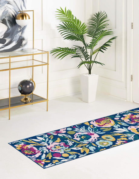 Navy Blue 2' 7 x 12' Bloom Runner Area Rug 100% Polypropylene With Cotton Backing Easy Clean Colorful Blooming Flower Floral Carpet for Living Dining Room Office Dorms for Sale at Rug Engine