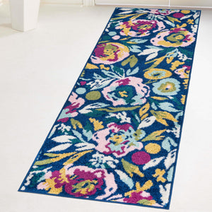 Navy Blue 2' 7 x 12' Bloom Runner Area Rug 100% Polypropylene With Cotton Backing Easy Clean Colorful Blooming Flower Floral Carpet for Living Dining Room Office Dorms for Sale at Rug Engine