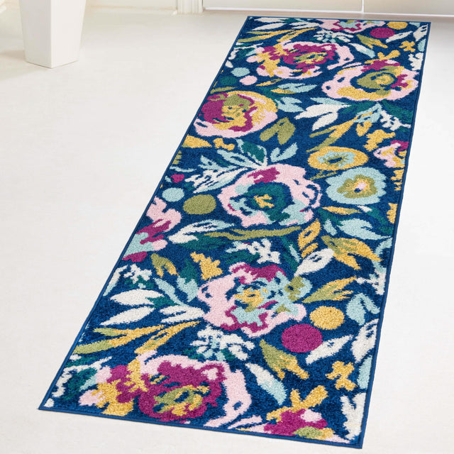 Navy Blue 2' 7 x 12' Bloom Runner Area Rug 100% Polypropylene With Cotton Backing Easy Clean Colorful Blooming Flower Floral Carpet for Living Dining Room Office Dorms for Sale at Rug Engine