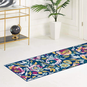 Navy Blue 2' 7 x 12' Bloom Runner Area Rug 100% Polypropylene With Cotton Backing Easy Clean Colorful Blooming Flower Floral Carpet for Living Dining Room Office Dorms for Sale at Rug Engine