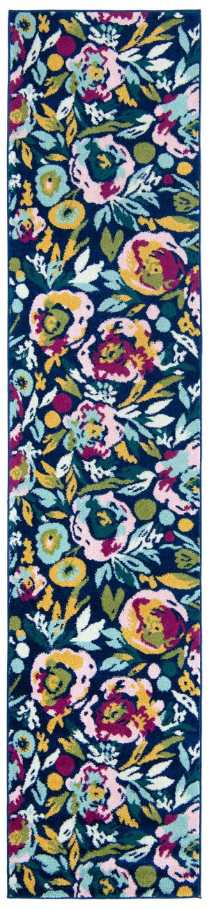 Navy Blue 2' 7 x 12' Bloom Runner Area Rug 100% Polypropylene With Cotton Backing Easy Clean Colorful Blooming Flower Floral Carpet for Living Dining Room Office Dorms for Sale at Rug Engine