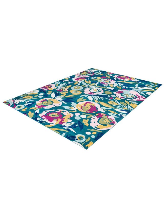 Teal 10' x 14' Bloom Rectangle Area Rug 100% Polypropylene With Cotton Backing Easy Clean Colorful Blooming Flower Floral Carpet for Living Dining Room Office Dorms for Sale at Rug Engine