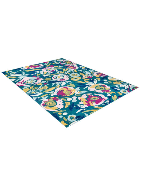 Teal 10' x 14' Bloom Rectangle Area Rug 100% Polypropylene With Cotton Backing Easy Clean Colorful Blooming Flower Floral Carpet for Living Dining Room Office Dorms for Sale at Rug Engine