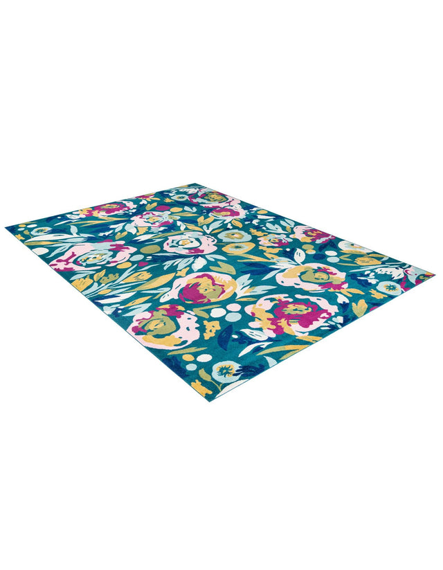 Teal 10' x 14' Bloom Rectangle Area Rug 100% Polypropylene With Cotton Backing Easy Clean Colorful Blooming Flower Floral Carpet for Living Dining Room Office Dorms for Sale at Rug Engine