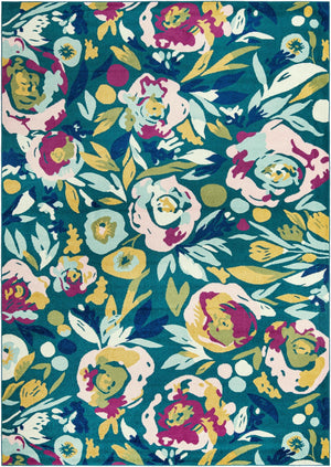 Teal 10' x 14' Bloom Rectangle Area Rug 100% Polypropylene With Cotton Backing Easy Clean Colorful Blooming Flower Floral Carpet for Living Dining Room Office Dorms for Sale at Rug Engine