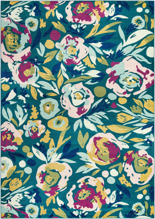 Teal 10' x 14' Bloom Rectangle Area Rug 100% Polypropylene With Cotton Backing Easy Clean Colorful Blooming Flower Floral Carpet for Living Dining Room Office Dorms for Sale at Rug Engine