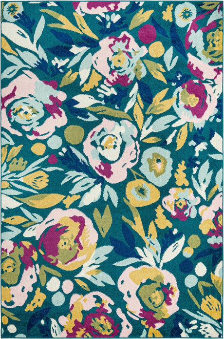 Teal 6' 1 x 9' Bloom Rectangle Area Rug 100% Polypropylene With Cotton Backing Easy Clean Colorful Blooming Flower Floral Carpet for Living Dining Room Office Dorms for Sale at Rug Engine