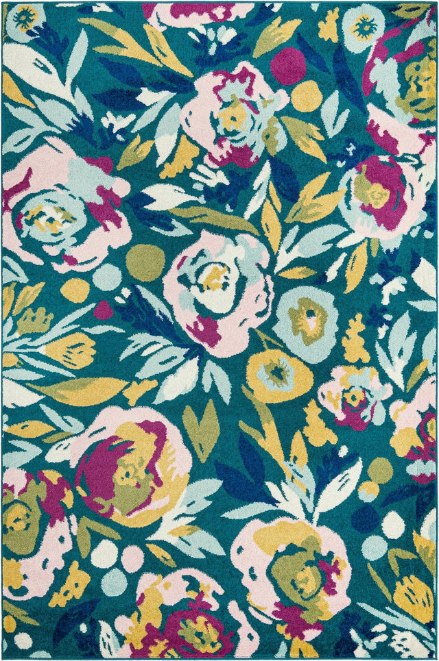 Teal 6' 1 x 9' Bloom Rectangle Area Rug 100% Polypropylene With Cotton Backing Easy Clean Colorful Blooming Flower Floral Carpet for Living Dining Room Office Dorms for Sale at Rug Engine