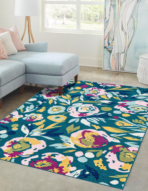 Teal 4' 1 x 6' 1 Bloom Rectangle Area Rug 100% Polypropylene With Cotton Backing Easy Clean Colorful Blooming Flower Floral Carpet for Living Dining Room Office Dorms for Sale at Rug Engine