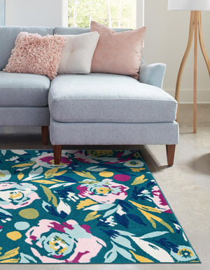 Teal 10' x 14' Bloom Rectangle Area Rug 100% Polypropylene With Cotton Backing Easy Clean Colorful Blooming Flower Floral Carpet for Living Dining Room Office Dorms for Sale at Rug Engine