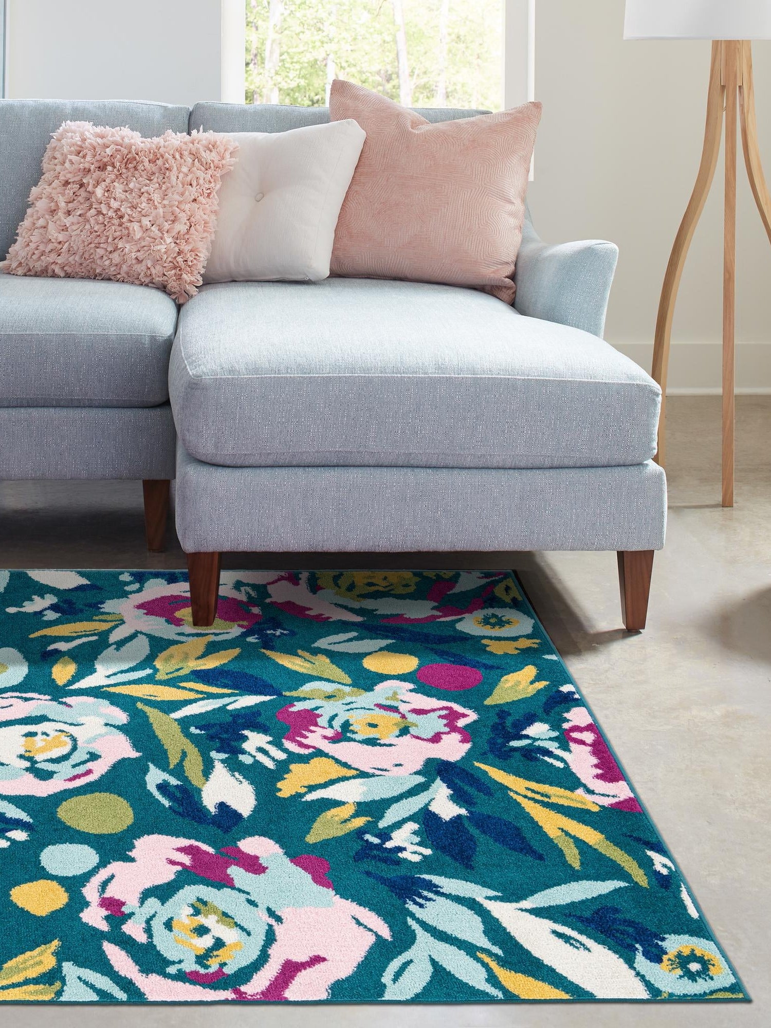 Teal 4' 1 x 6' 1 Bloom Rectangle Area Rug 100% Polypropylene With Cotton Backing Easy Clean Colorful Blooming Flower Floral Carpet for Living Dining Room Office Dorms for Sale at Rug Engine