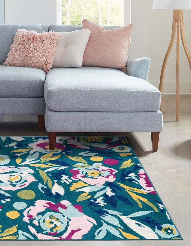Teal 6' 1 x 9' Bloom Rectangle Area Rug 100% Polypropylene With Cotton Backing Easy Clean Colorful Blooming Flower Floral Carpet for Living Dining Room Office Dorms for Sale at Rug Engine