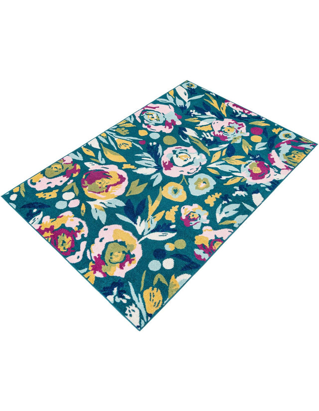 Teal 5' 3 x 8' Bloom Rectangle Area Rug 100% Polypropylene With Cotton Backing Easy Clean Colorful Blooming Flower Floral Carpet for Living Dining Room Office Dorms for Sale at Rug Engine