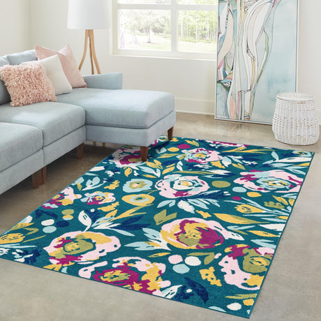 Teal 2' x 3' 1 Bloom Rectangle Area Rug 100% Polypropylene With Cotton Backing Easy Clean Colorful Blooming Flower Floral Carpet for Living Dining Room Office Dorms for Sale at Rug Engine