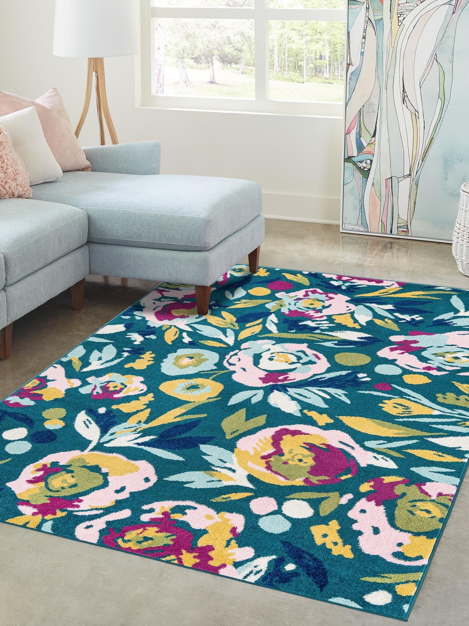 Teal 6' 1 x 9' Bloom Rectangle Area Rug 100% Polypropylene With Cotton Backing Easy Clean Colorful Blooming Flower Floral Carpet for Living Dining Room Office Dorms for Sale at Rug Engine