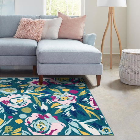 Teal 6' 1 x 9' Bloom Rectangle Area Rug 100% Polypropylene With Cotton Backing Easy Clean Colorful Blooming Flower Floral Carpet for Living Dining Room Office Dorms for Sale at Rug Engine