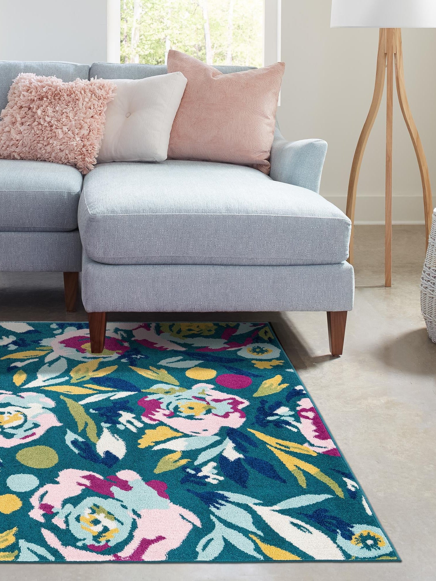 Teal 4' 1 x 6' 1 Bloom Rectangle Area Rug 100% Polypropylene With Cotton Backing Easy Clean Colorful Blooming Flower Floral Carpet for Living Dining Room Office Dorms for Sale at Rug Engine