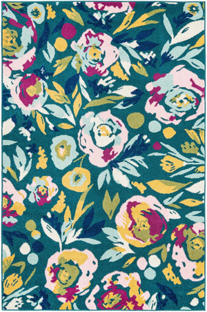 Teal 5' 3 x 8' Bloom Rectangle Area Rug 100% Polypropylene With Cotton Backing Easy Clean Colorful Blooming Flower Floral Carpet for Living Dining Room Office Dorms for Sale at Rug Engine