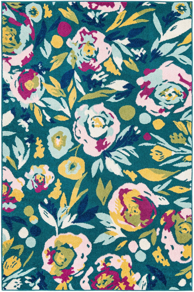Teal 5' 3 x 8' Bloom Rectangle Area Rug 100% Polypropylene With Cotton Backing Easy Clean Colorful Blooming Flower Floral Carpet for Living Dining Room Office Dorms for Sale at Rug Engine