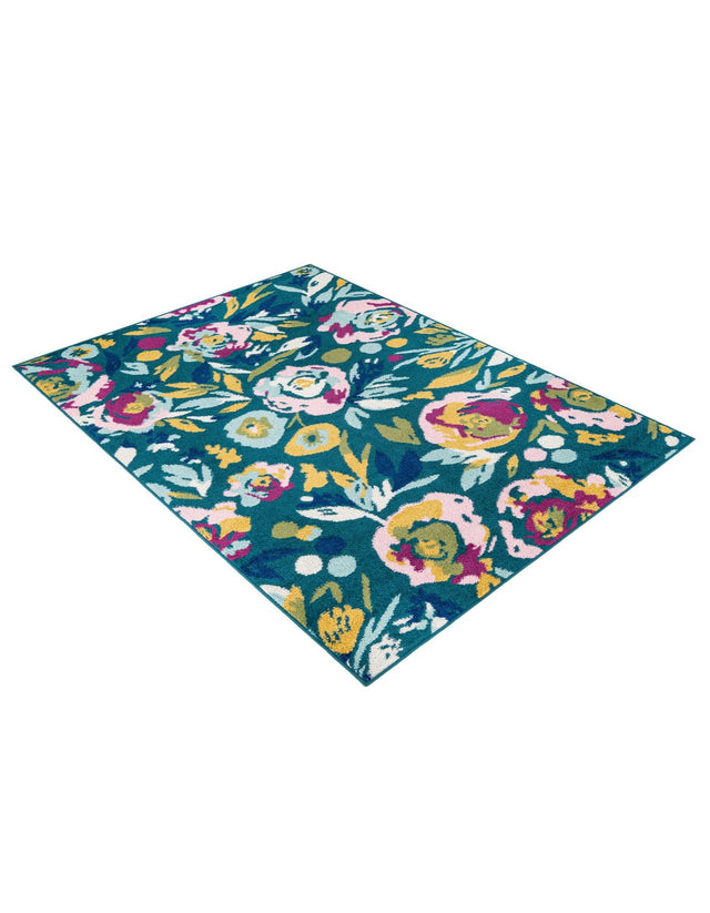 Teal 4' 1 x 6' 1 Bloom Rectangle Area Rug 100% Polypropylene With Cotton Backing Easy Clean Colorful Blooming Flower Floral Carpet for Living Dining Room Office Dorms for Sale at Rug Engine