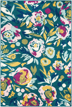 Teal 4' 1 x 6' 1 Bloom Rectangle Area Rug 100% Polypropylene With Cotton Backing Easy Clean Colorful Blooming Flower Floral Carpet for Living Dining Room Office Dorms for Sale at Rug Engine