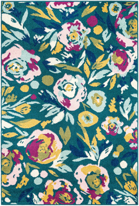 Teal 4' 1 x 6' 1 Bloom Rectangle Area Rug 100% Polypropylene With Cotton Backing Easy Clean Colorful Blooming Flower Floral Carpet for Living Dining Room Office Dorms for Sale at Rug Engine