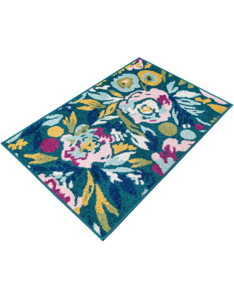Teal 2' x 3' 1 Bloom Rectangle Area Rug 100% Polypropylene With Cotton Backing Easy Clean Colorful Blooming Flower Floral Carpet for Living Dining Room Office Dorms for Sale at Rug Engine