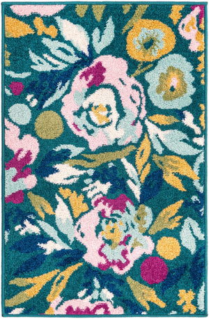 Teal 2' x 3' 1 Bloom Rectangle Area Rug 100% Polypropylene With Cotton Backing Easy Clean Colorful Blooming Flower Floral Carpet for Living Dining Room Office Dorms for Sale at Rug Engine