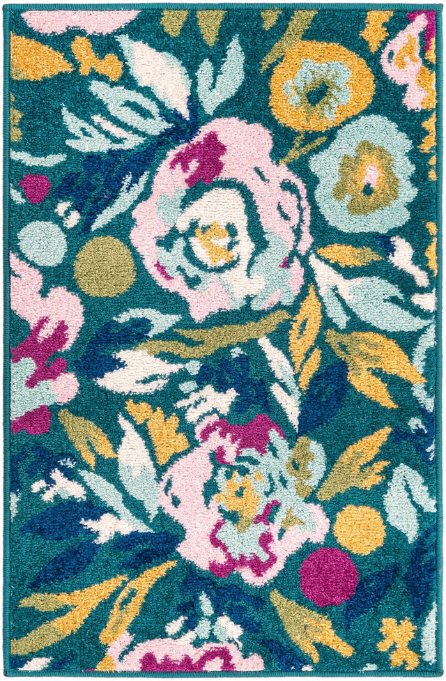 Teal 2' x 3' 1 Bloom Rectangle Area Rug 100% Polypropylene With Cotton Backing Easy Clean Colorful Blooming Flower Floral Carpet for Living Dining Room Office Dorms for Sale at Rug Engine